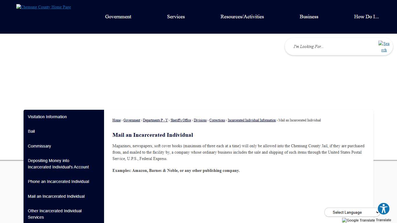 Mail an Incarcerated Individual | Chemung County, NY